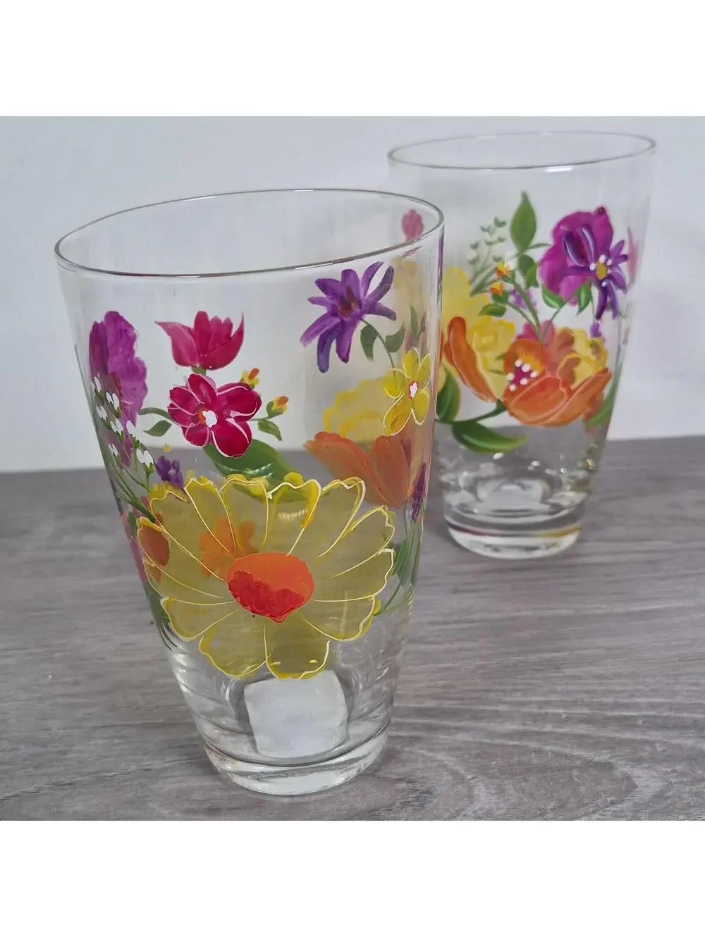 Pier 1 Tall Tumbler Set of 4 Mouth Blown Painted Floral Summer Glasses